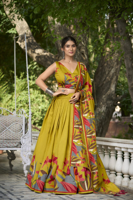 Exquisite Floral Fantasy: Tusser Silk Lehenga Choli with Intricate Print and Dupatta